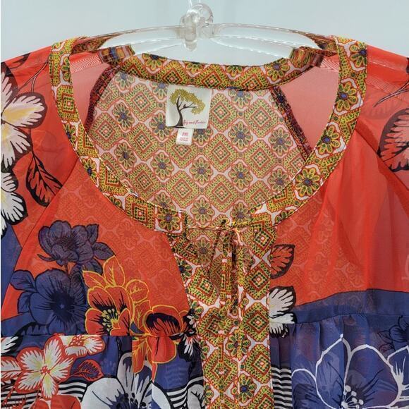 HPAnthropologie Floral Stripe Sheer Long Sleeve Henley Tie Front Blouse - Picture 6 of 13